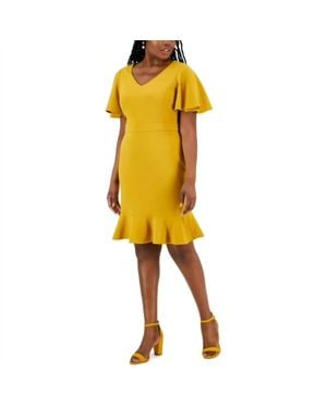 Kasper Knit Flutter Sleeves Sheath Dress - Yellow