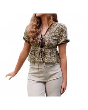 Main Strip Printed Denim V Neck Baby Doll Blouse - Gray