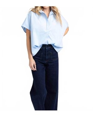 Karlie Poplin Collar V Neck Top - Blue