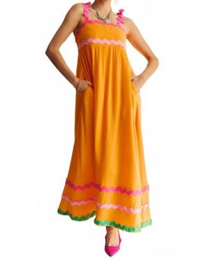 Davi & Dani Double Gauze Tie Wavy Trim Detail Maxi Dress - Orange