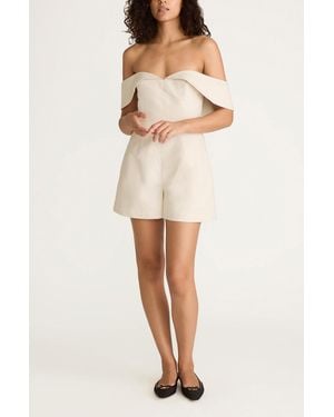 Rebecca Taylor Cotton Sateen Draped Shoulder Romper - Natural
