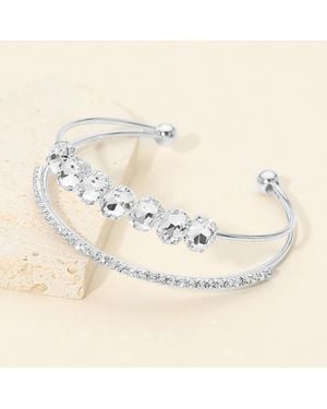 Fashnzfab Oval Cz Cluster Accent Double Row Adjustable Evening Cuff Bracelet - Natural