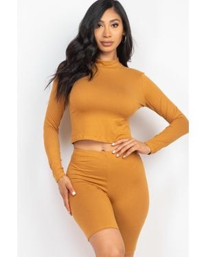 TRUEDAMES Mock Neck Top & Biker Shorts Set - Orange