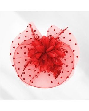 Fashnzfab Feather Mesh Flower Fascinator Headband - Red