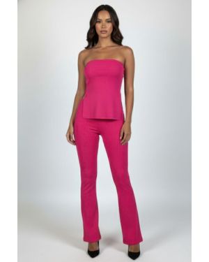 TRUEDAMES Ribbed Slit Tube Top & High-Waist Flare Pants Set - Red