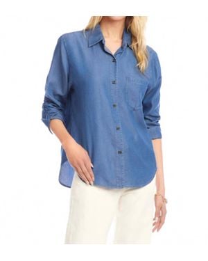 Karen Kane Ruched Three Quarter Sleeve Button-Up Shirt - Blue