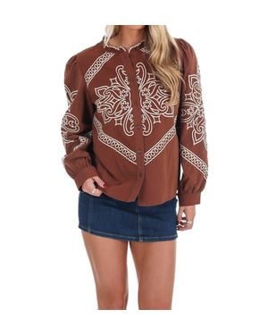 En Merci Ranch Rebel Embroidered Button Down Top - Blue