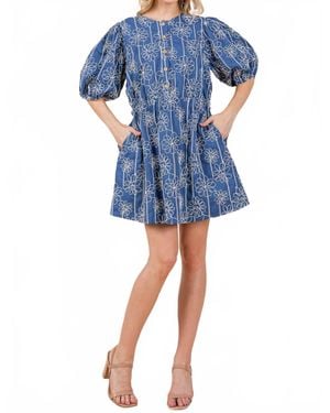 GeeGee X Lovelo Floral Embroidered Half Button-Up Mini Dress - Blue