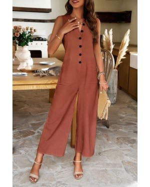 TRUEDAMES V Neck Button Sleeveless Wide Pockets Jumpsuit - Brown