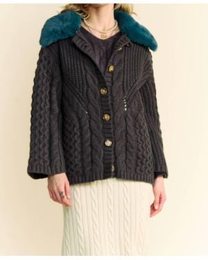 Davi & Dani Fluffy Cable Knit Cardigan Top - Blue