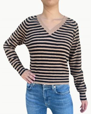 Jumper 1234 Crop Stripe V-Neck Pullover Sweater - Black