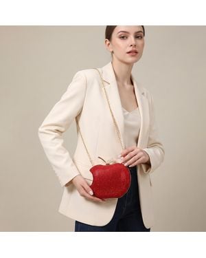 Fashnzfab Crystal Rhinestone Embellished Apple Evening Clutch Shoulder Bag - Red
