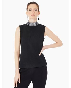 Misook Mock Neck Embroidered Trim Knit Tank Top - Black