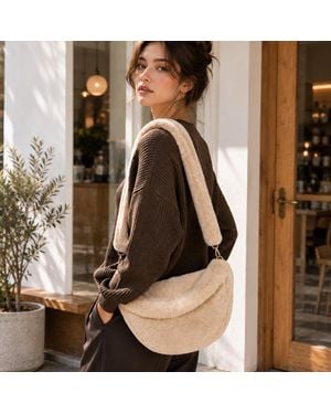 Fashnzfab Solid Plush Faux Fur Crescent Shoulder Handbag - Brown