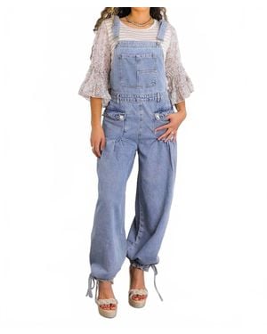 SurelyMine Relaxed Denim Overalls Wide-Leg Boho Style With Pockets - Blue