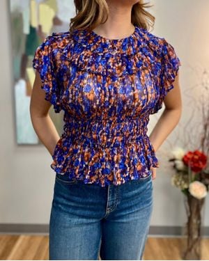 Ulla Johnson Athene Short Sleeve Silk Top - Blue
