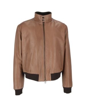 Stewart Leather Jacket With Ribbed Knit Details - Brown