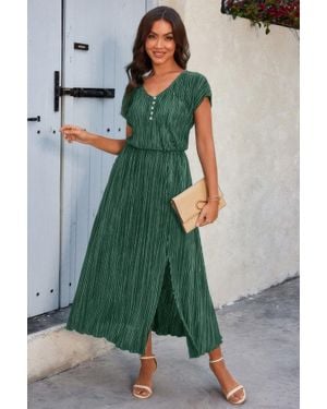 TRUEDAMES Solid V Neck Button Elastic Waist Pleated Dress - Green