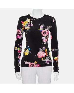 Preen By Thornton Bregazzi Floral Printed Jersey Cutout Sleeve Detail Top - Black