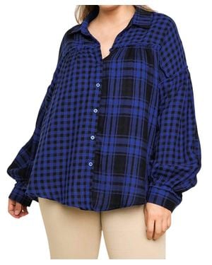 Umgee Plaid & Checkered Button Up Top - Blue