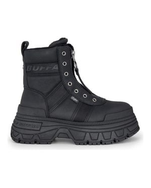Buffalo Chunky Platform Front Zip High Ankle Combat Boots - Black