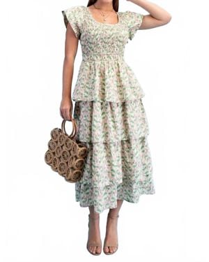 Gigio Floral Tiered Elastic Waist Midi Dress - White