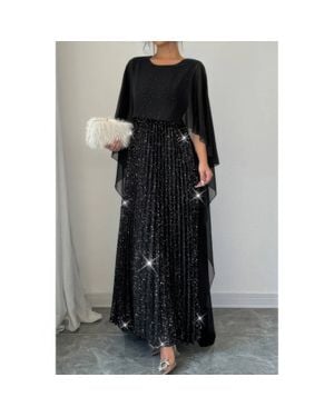 TRUEDAMES Solid Elegant Sequin Satin Knit Party Long Dress - Black