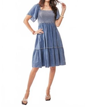 Davi & Dani Denim Elastic Ruched Chest Midi Dress - Blue