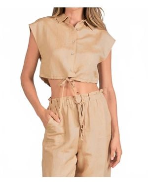 Elan Crop Linen-Blend Button Up Top - Natural