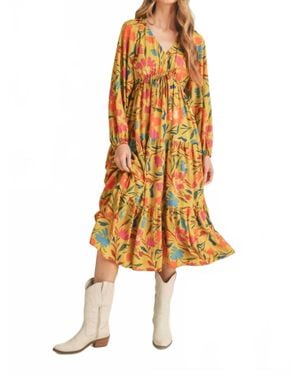 ..,merci Tiered Long Sleeve Midi Dress - Yellow