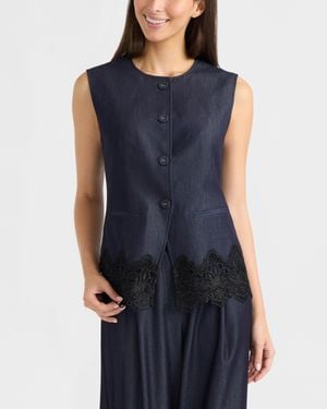 Ellen Tracy Lace Trim Long Vest - Blue