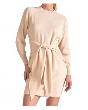 Elan Long Sleeve Midi With Front Tie Dress - Natural