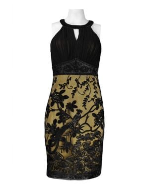 Sue Wong Keyhole Appliqué Mesh Sheath Dress - Black
