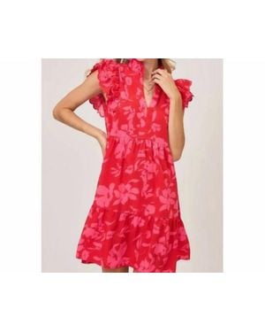 Umgee Mix Floral Ruffle Sleeve Dress - Red