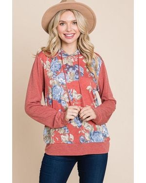 TRUEDAMES Floral Printed Contrast Hoodie With Relaxed Fit And Cuff Detail - Red