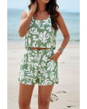 TRUEDAMES Allover Print Sleeveless Square Neck Elastic Sets - Green