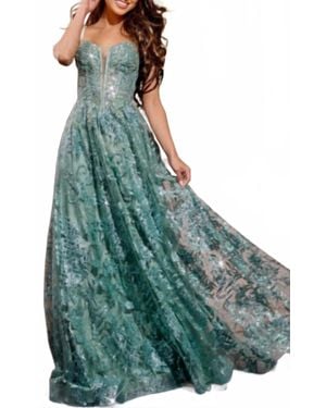 Jovani Spaghetti Strap A-Line Gown With Embellished Bodice - Green