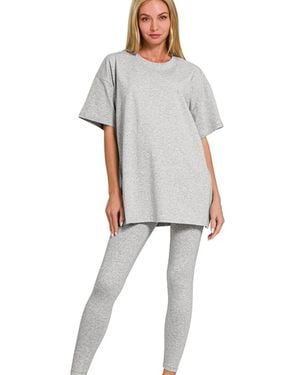 TRUEDAMES Cotton Round Neck Top & Legging Set - Gray