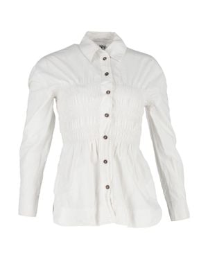 Ganni Shirred Long Sleeve Shirt - White