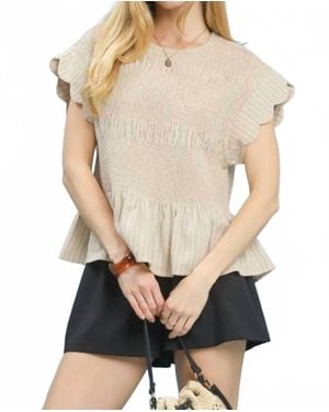 Umgee Pinstripe Smocked Flutter Sleeve Top - Natural