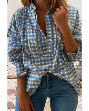 Little Daisy Closet Plaid Long Sleeve Frilled Detail Half Button Blouse - Blue