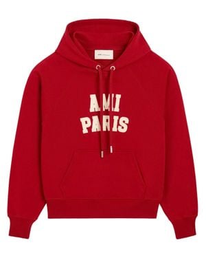 Ami Paris Cropped Felt Embroidered Cotton Hoodie