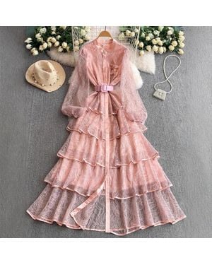 TRUEDAMES Lace Floral Mandarin Collar Long Sleeve Dress Early Fall Socialite Tie-Waist Slim-Fit Midi - Pink