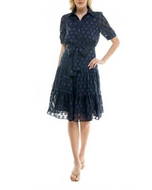 Nicole Miller Dotted Collared Belted Shirt Dress - Blue