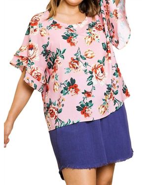 Umgee Floral Ruffle Sleeve Blouse - Blue