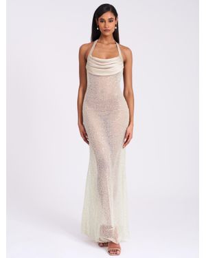 Miss Circle Zahya Lime Halter Backless Beaded Mesh Gown - White