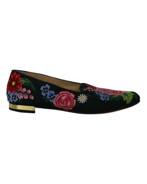 Charlotte Olympia Rose Garden Floral Embroidered Flats - Black