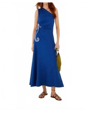 FARM Rio Seahorse Embroidery One-Shoulder Midi Dress - Blue