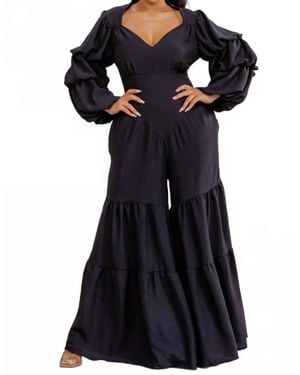 Karen T Design Cinched Waist Long Sleeve Jumpsuit - Blue