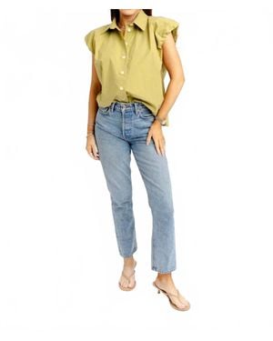 Karlie Solid Poplin Bubble Sleeve Button Top - Blue